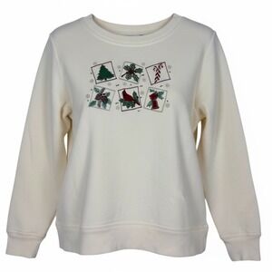 Holiday Editions‎ Cream Christmas Tree Cardinal Holly Candy Cane Sweatshirt SZ S
